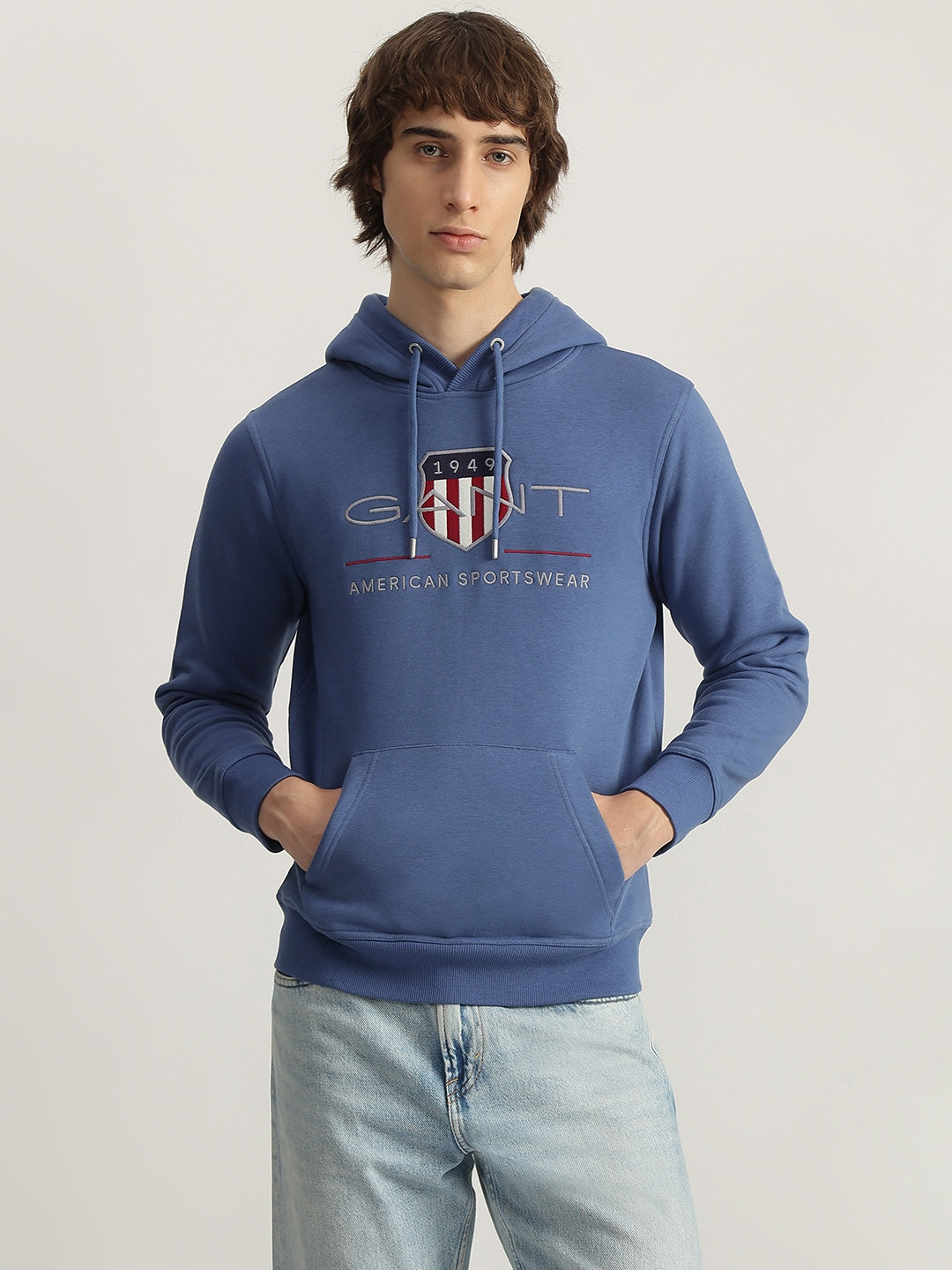 Gant Men Blue Embroidered Hooded Full Sleeves Pullover Style Sweatshirt