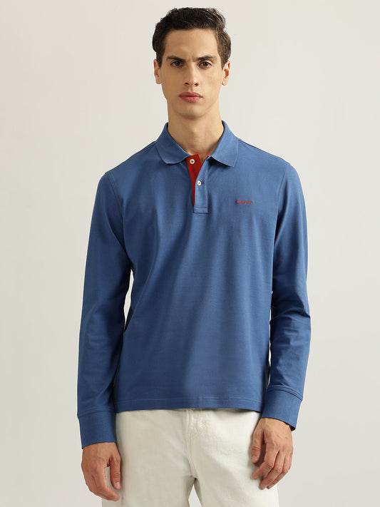 Gant Men Blue Solid Collared Full Sleeves Polo T-Shirt