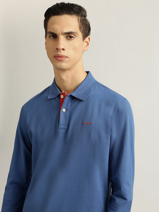 Gant Men Blue Solid Collared Full Sleeves Polo T-Shirt