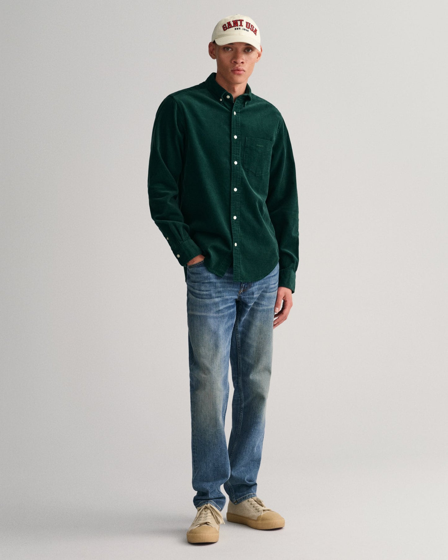 Gant Men Green Solid Button-Down Collar Full Sleeves Corduroy Shirt