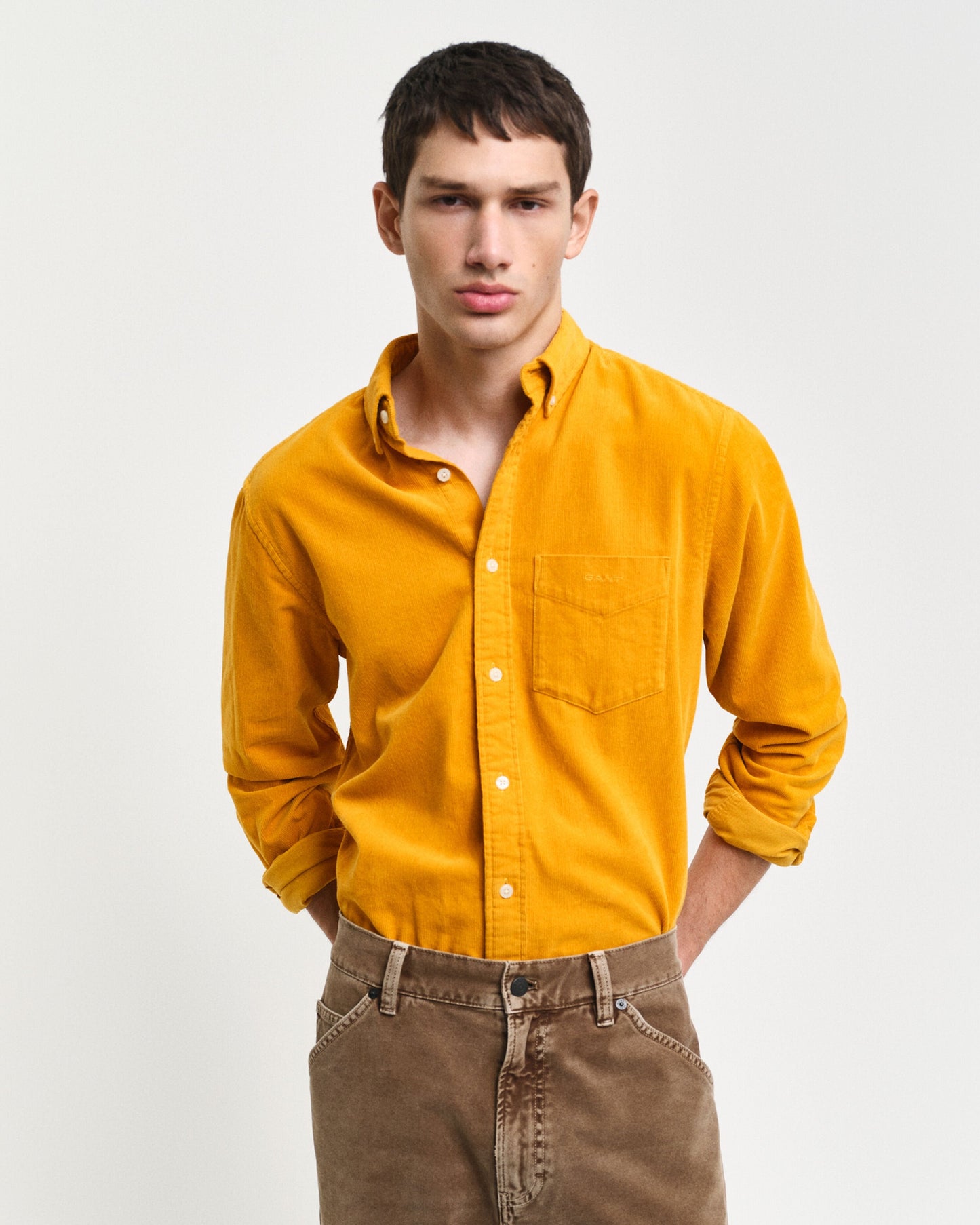Shop Gant Men Yellow Solid Button-down Collar Full Sleeves
