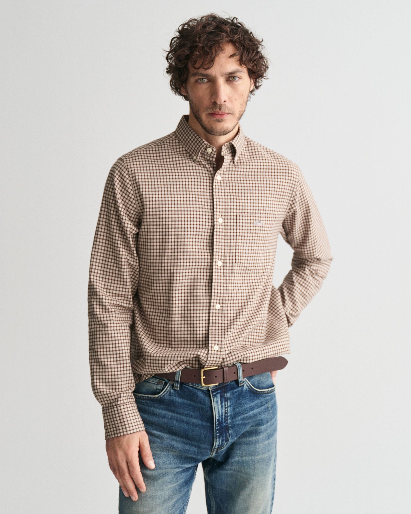 Gant Men Beige Checked Button-down Collar Full Sleeves Shirt