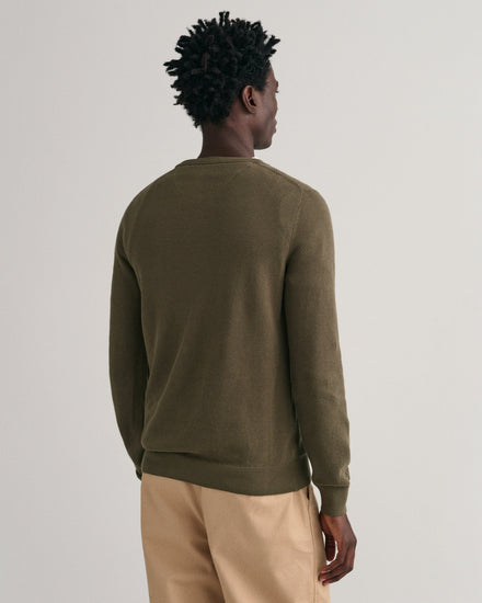 Gant Men Green Solid Round Neck Full Sleeves Sweater