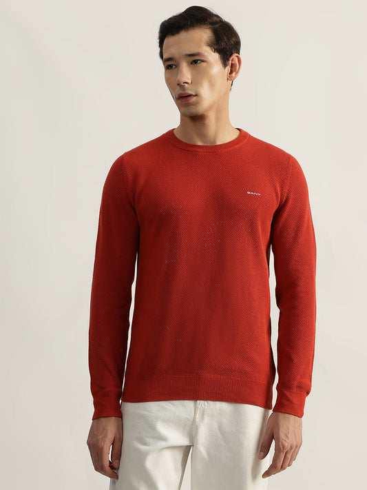 Gant Men Red Solid Round Neck Full Sleeves Pullover Style Sweater