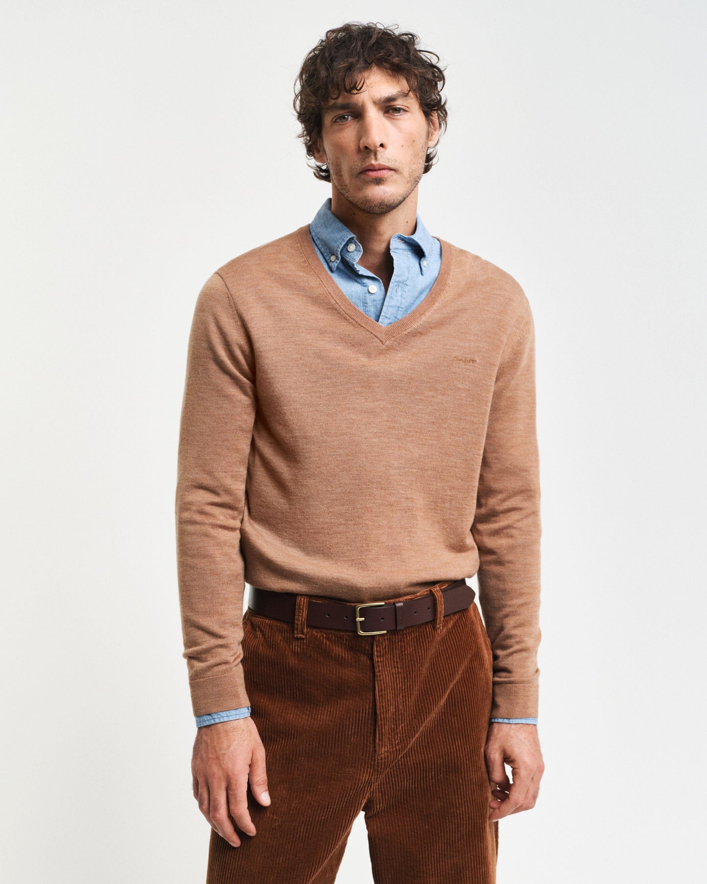 Gant Men Beige Solid V-Neck Full Sleeves Pullover Style Sweater