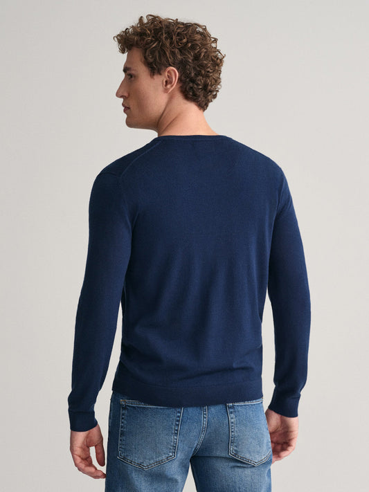 Gant Men Blue Solid V-Neck Full Sleeves Pullover Style Sweater