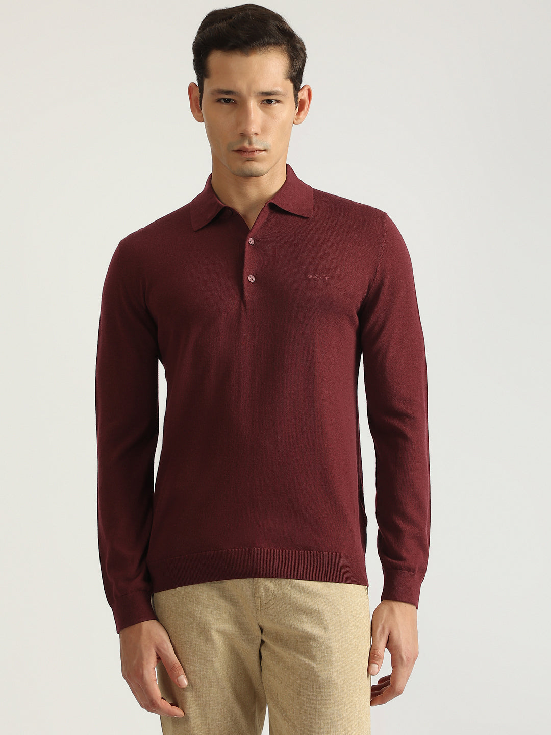 Gant Men Red Solid Collared Full Sleeves Pullover Style Sweater