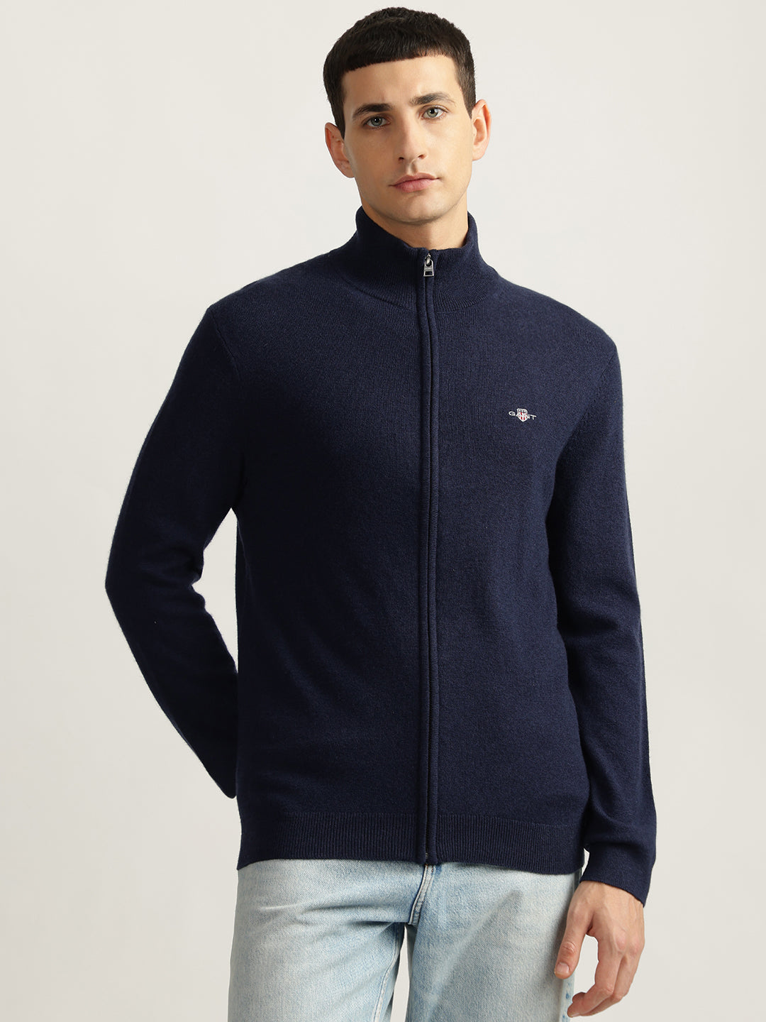 Gant Men Navy Blue Solid High Neck Full Sleeves Sweater