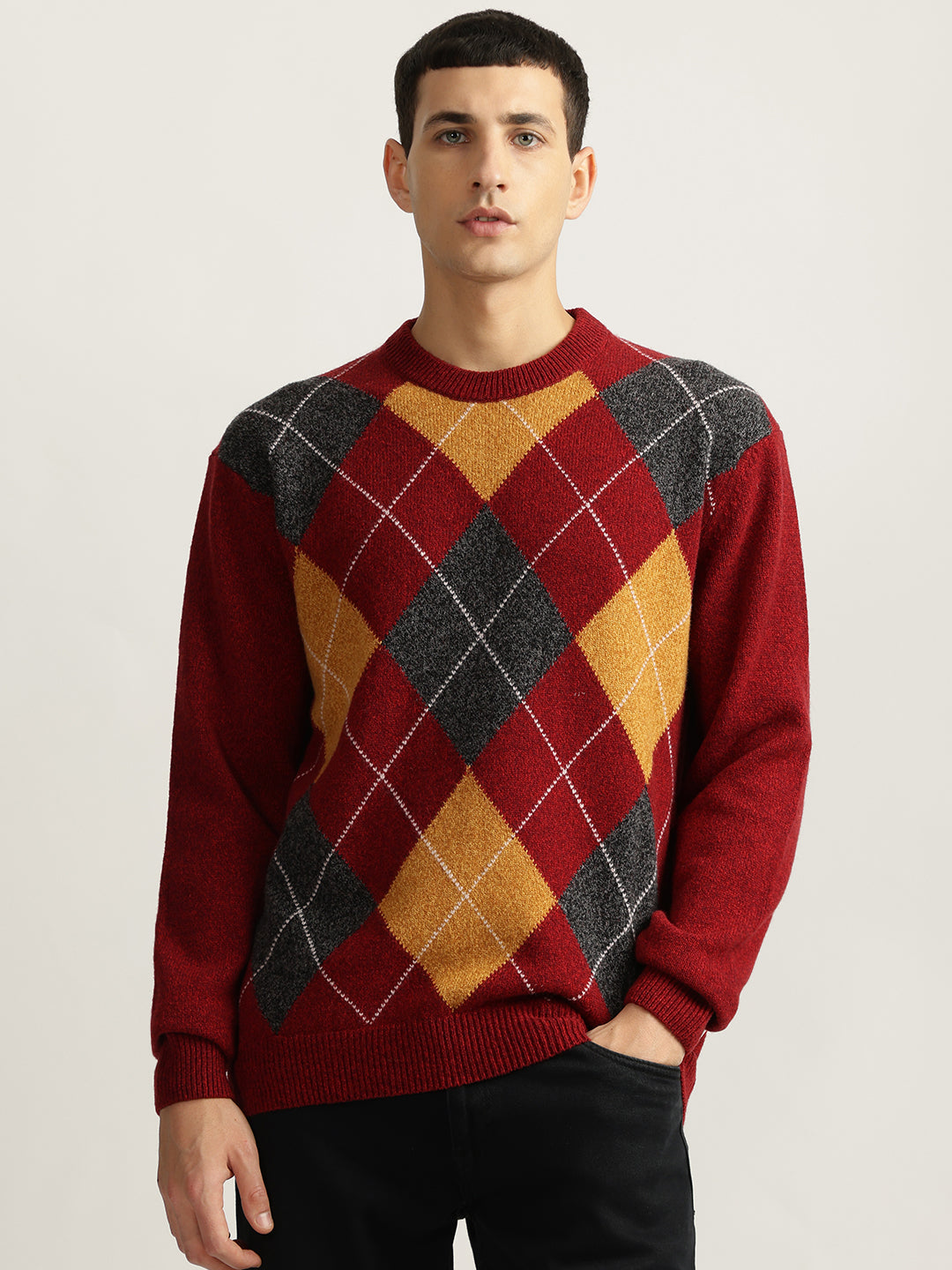 Gant Men Red Checked Round Neck Full Sleeves Sweater