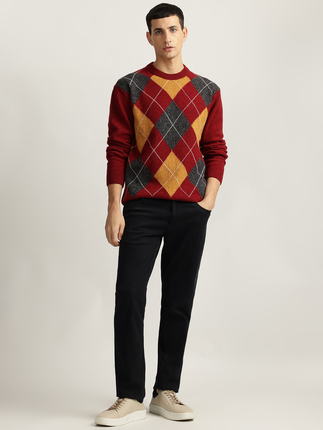 Gant Men Red Checked Round Neck Full Sleeves Sweater