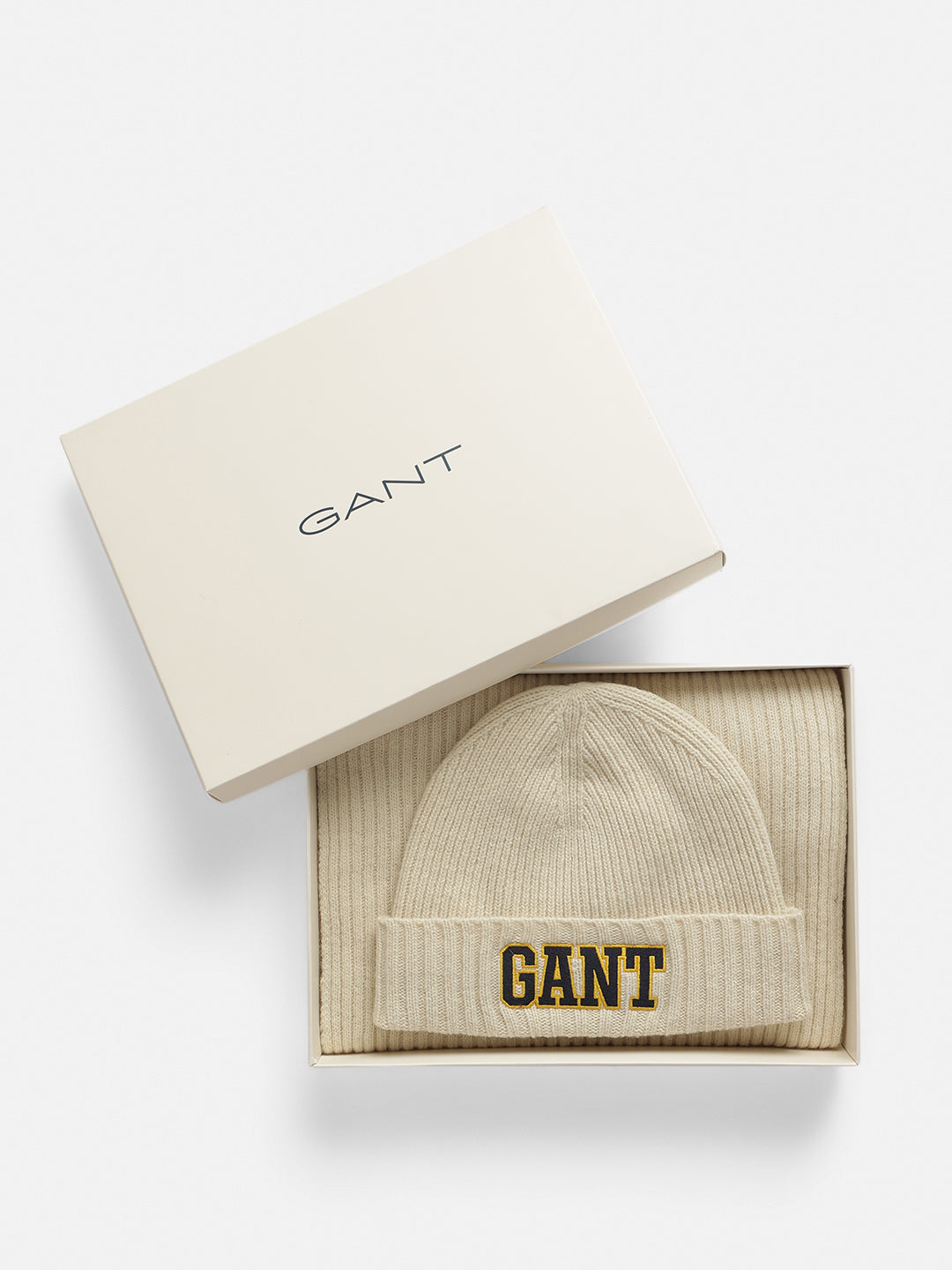 Gant Men Cream Solid Scarf with Beanie Cap