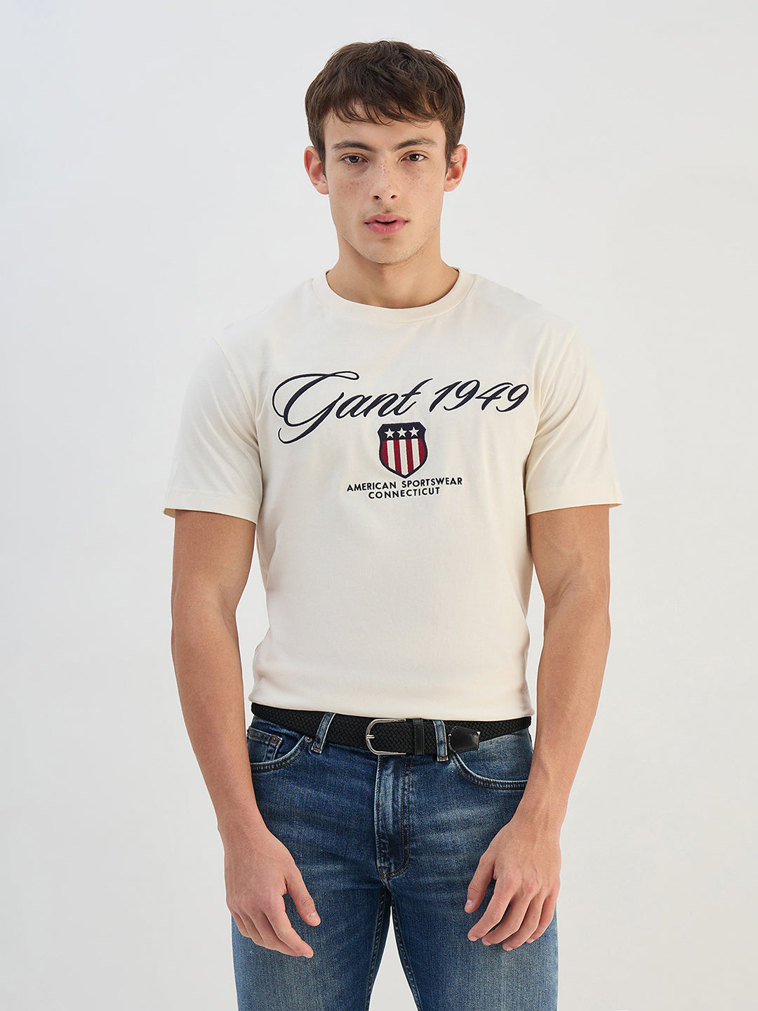 Gant Men Off White Solid Pure Cotton Round Neck T Shirt
