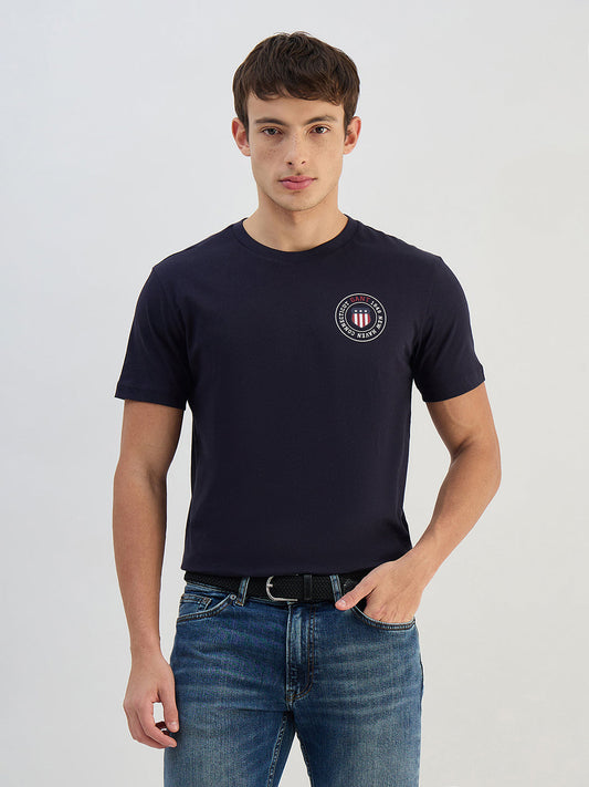 Gant Men Navy Blue Solid Pure Cotton Round Neck T Shirt