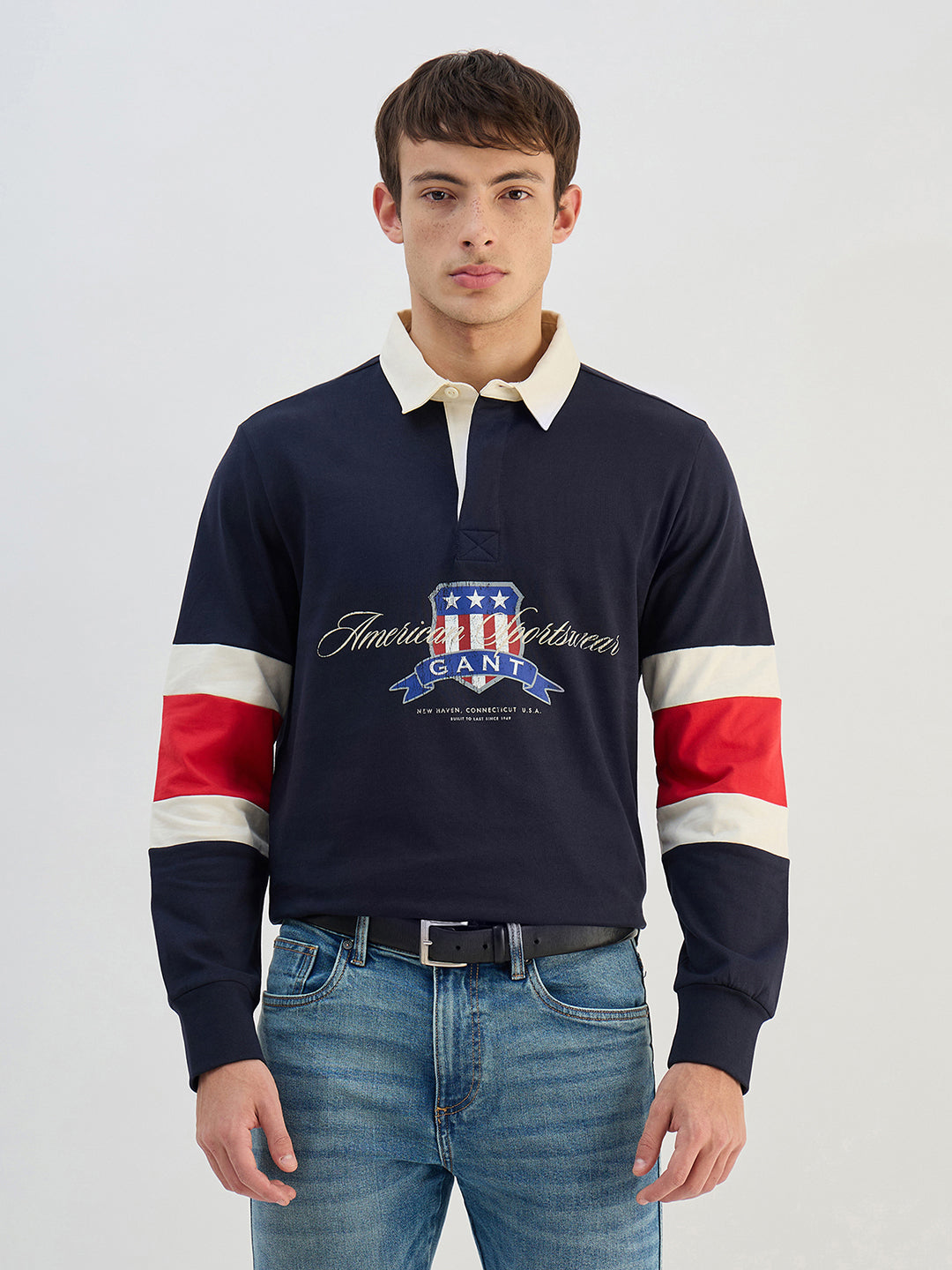 Gant Men Navy Blue Logo Pure Cotton Collared Ruggers