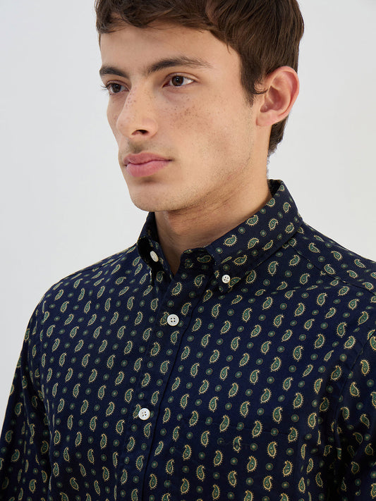 Gant Men Navy Blue Printed Pure Cotton Collared Shirt