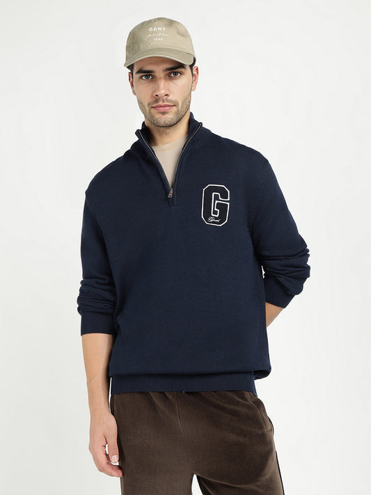 Gant Men Blue Solid Half Zip Sweater