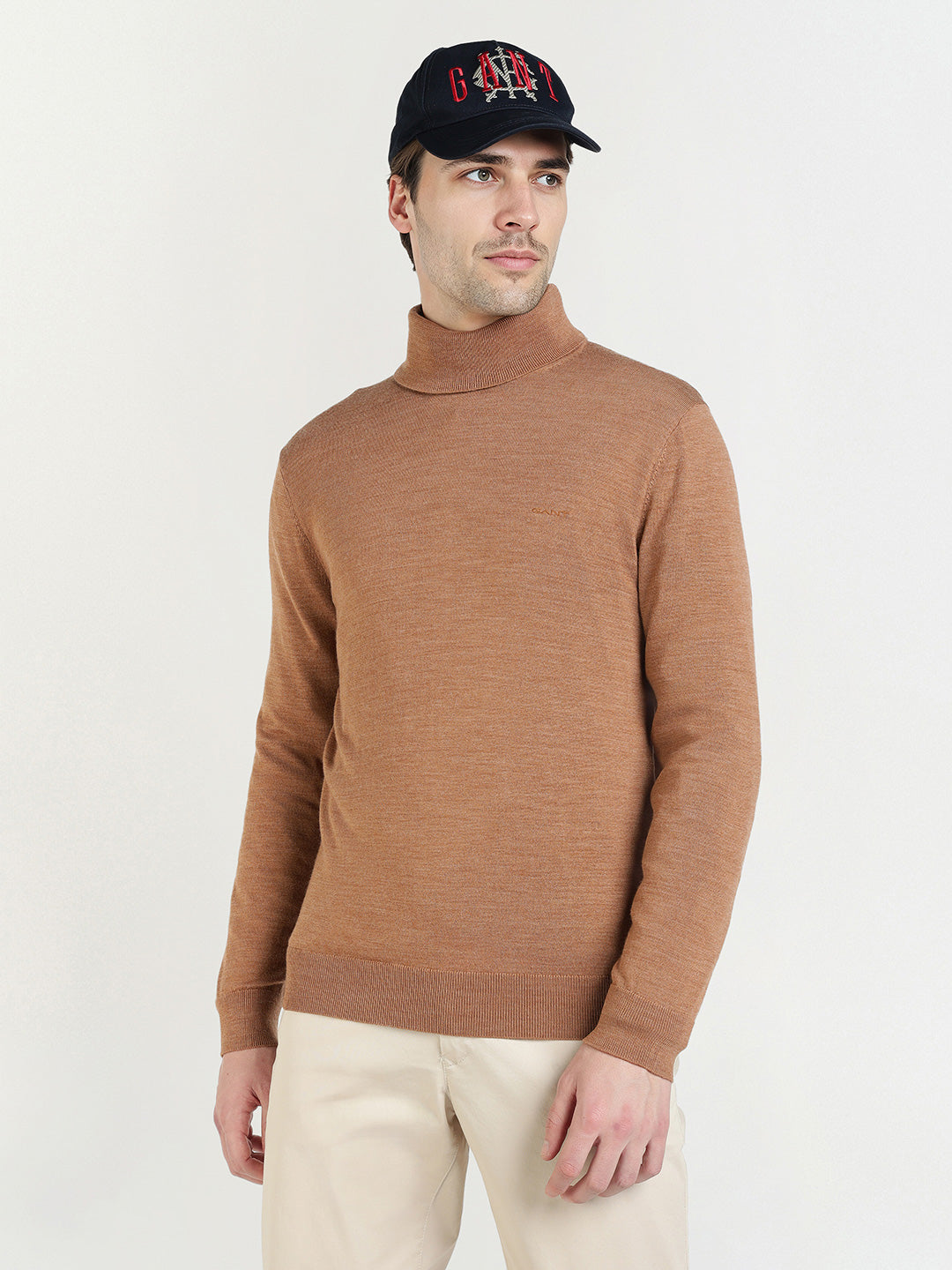 Gant Men Beige Solid Turtle Neck Sweater