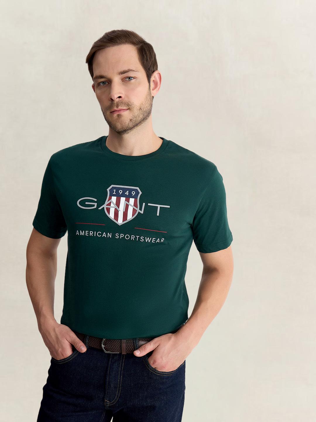 Gant Men Green Regular Fit Printed Pure Cotton Tshirt