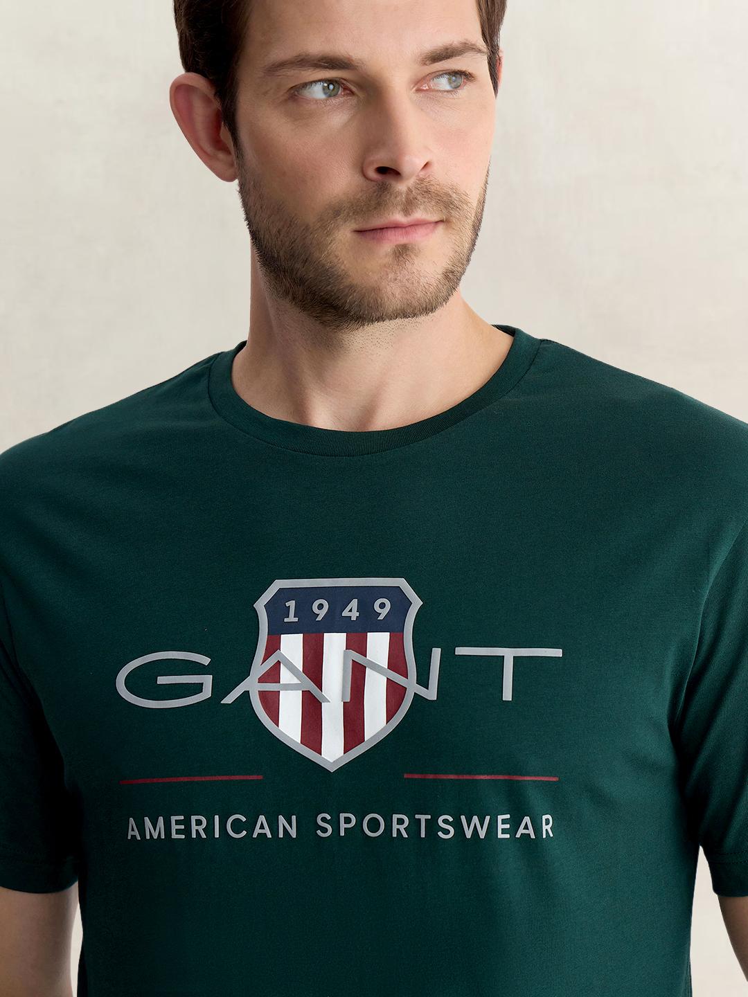 Gant Men Green Regular Fit Printed Pure Cotton Tshirt