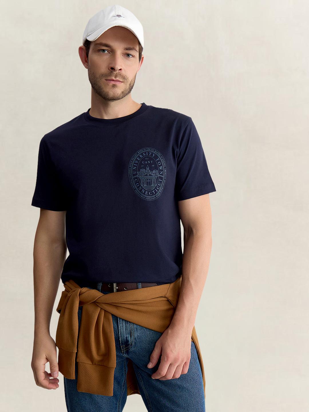 Gant Men Blue Regular Fit Solid Pure Cotton Tshirt
