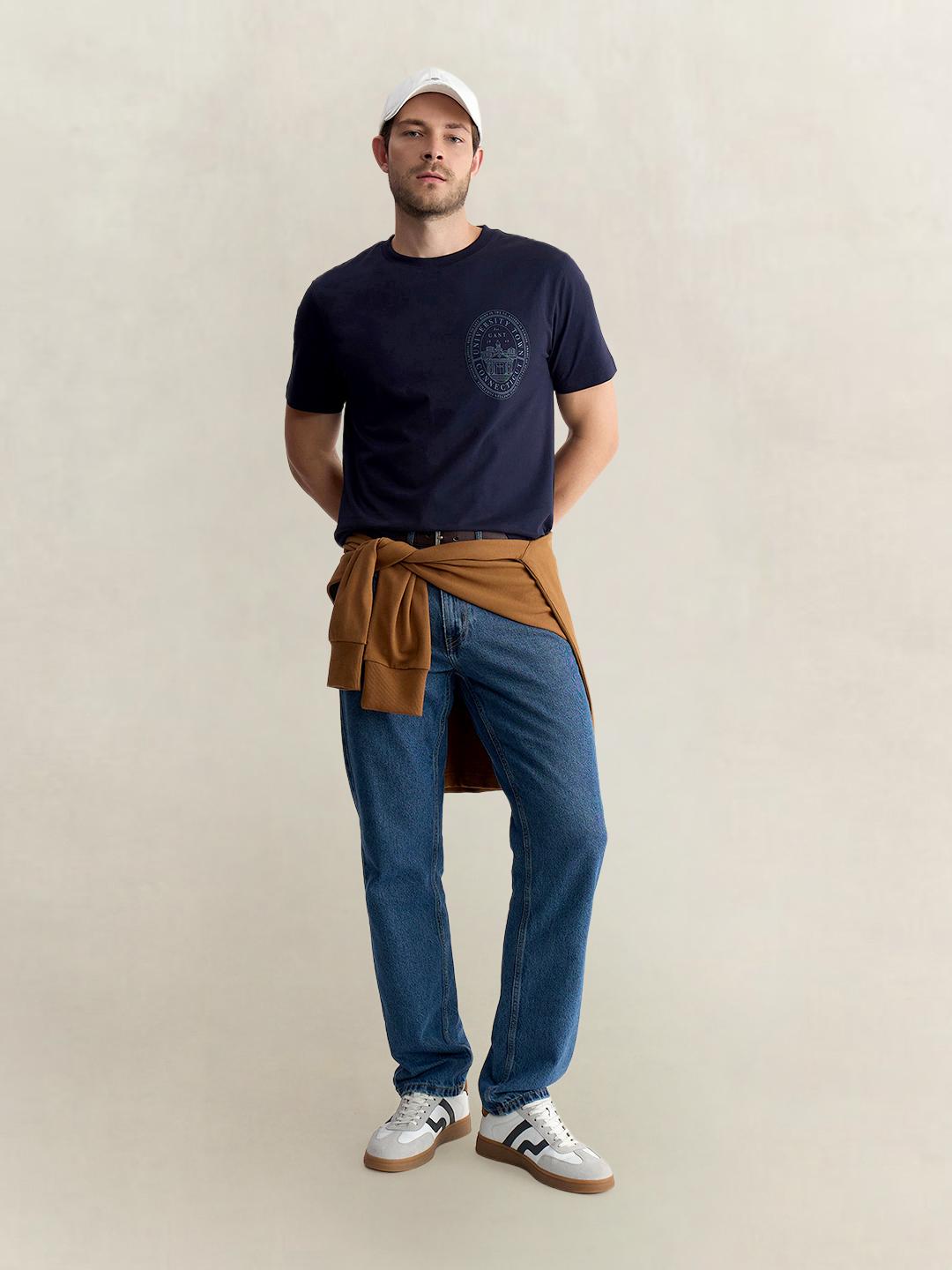 Gant Men Blue Regular Fit Solid Pure Cotton Tshirt