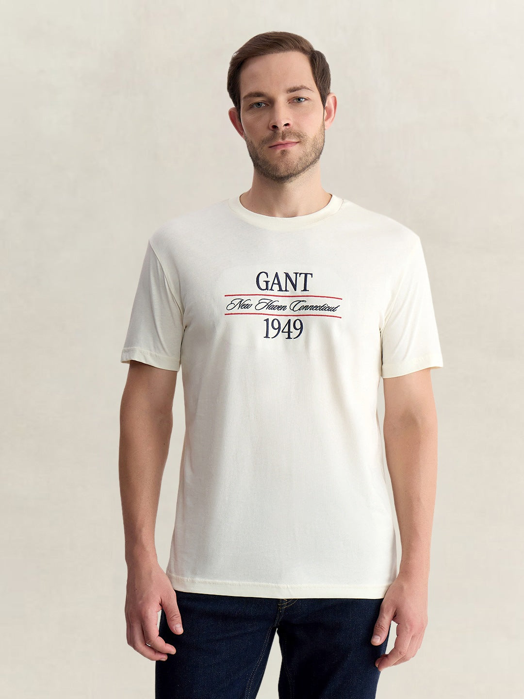 Gant Men Cream Regular Fit Graphic Pure Cotton Tshirt
