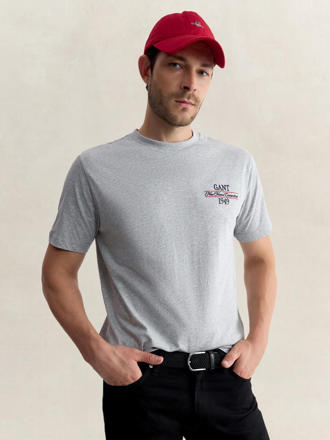 Gant Men Grey Regular Fit Solid Pure Cotton Tshirt