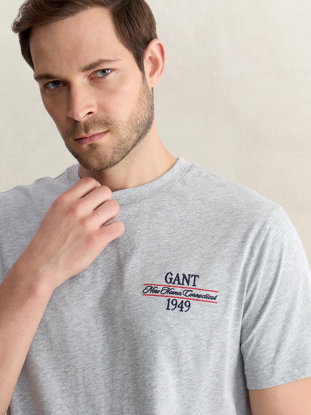 Gant Men Grey Regular Fit Solid Pure Cotton Tshirt