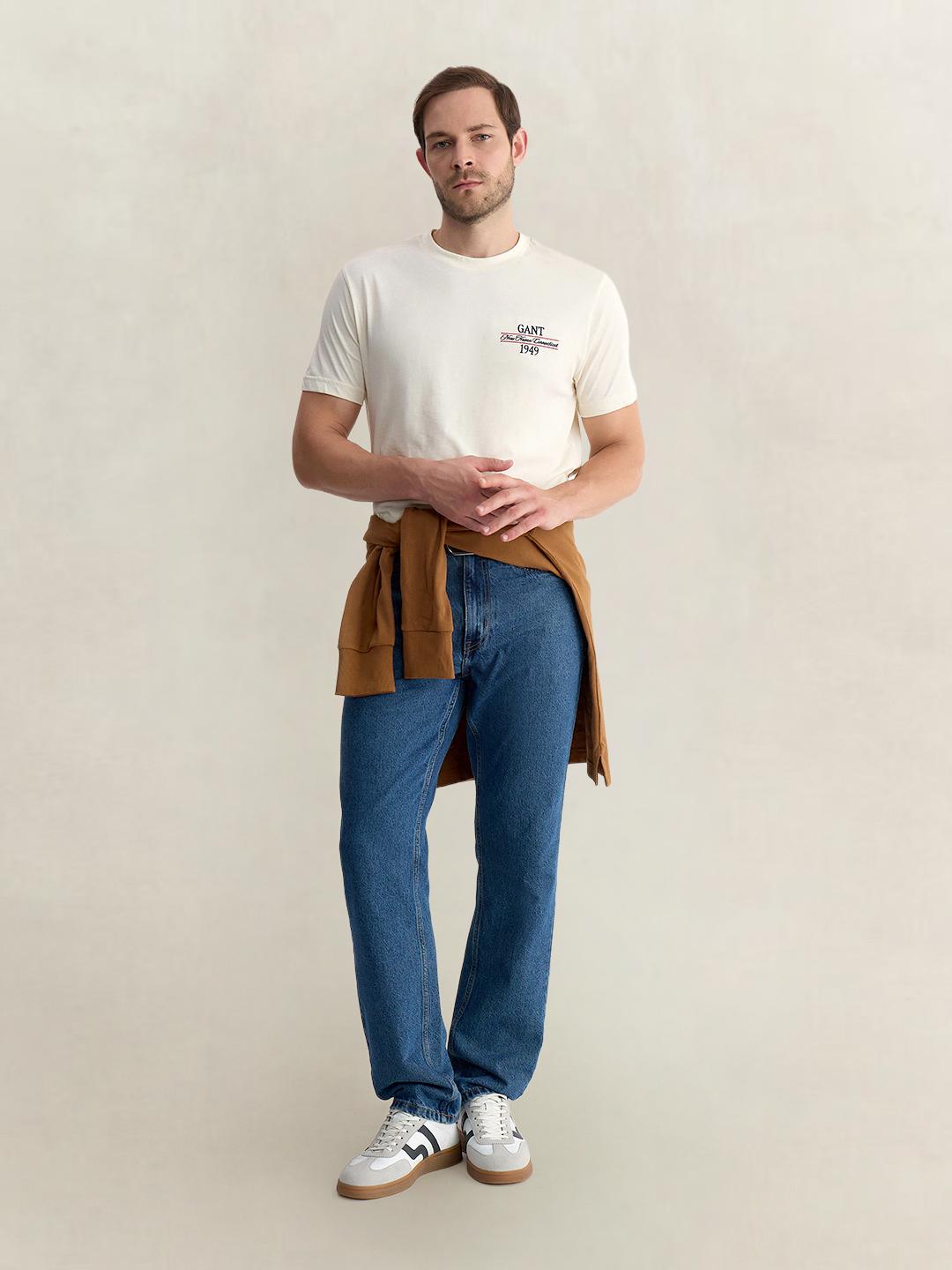 Gant Men Off White Regular Fit Solid Pure Cotton Tshirt