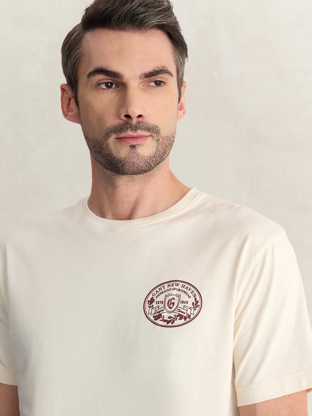 Gant Men Cream Regular Fit Solid Pure Cotton Tshirt
