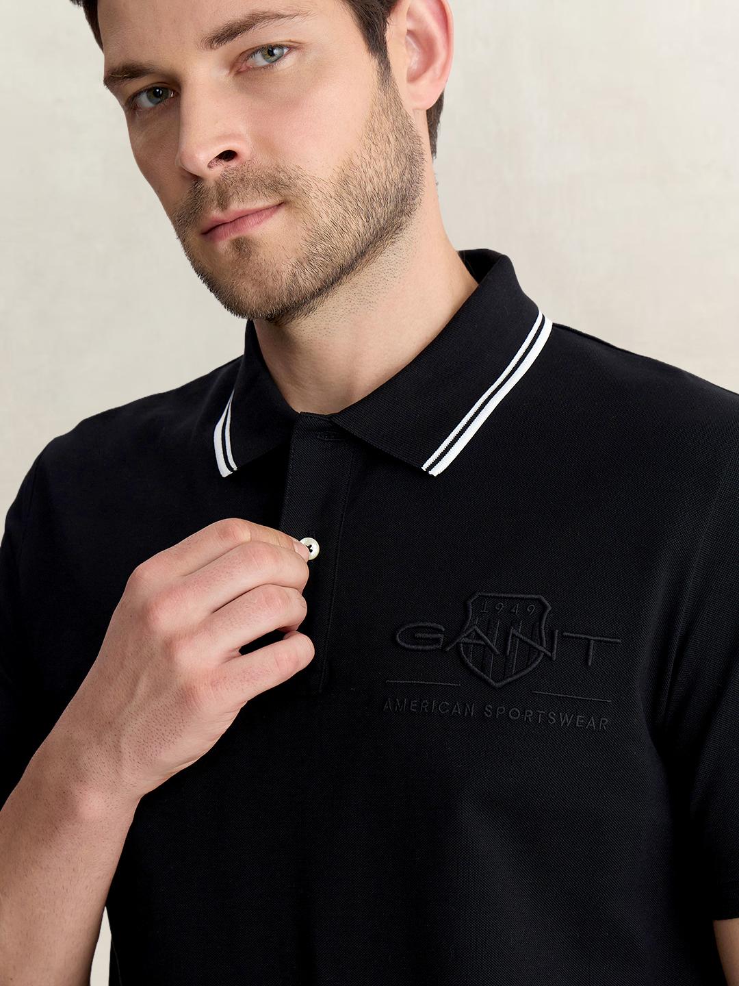 Gant Men Black Regular Fit Solid Pure Cotton Polo Tshirt