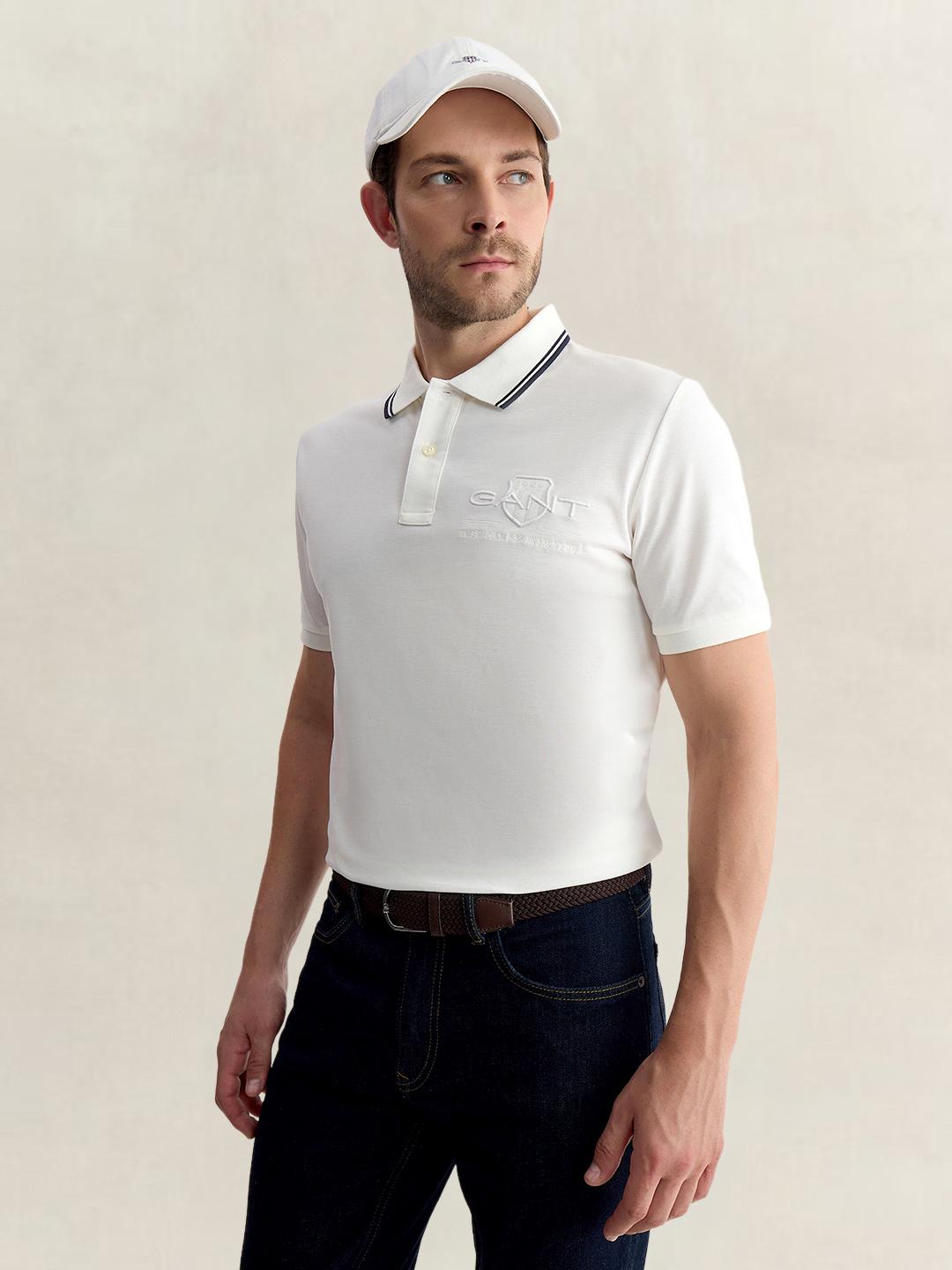 Gant Men White Regular Fit Solid Pure Cotton Polo Tshirt