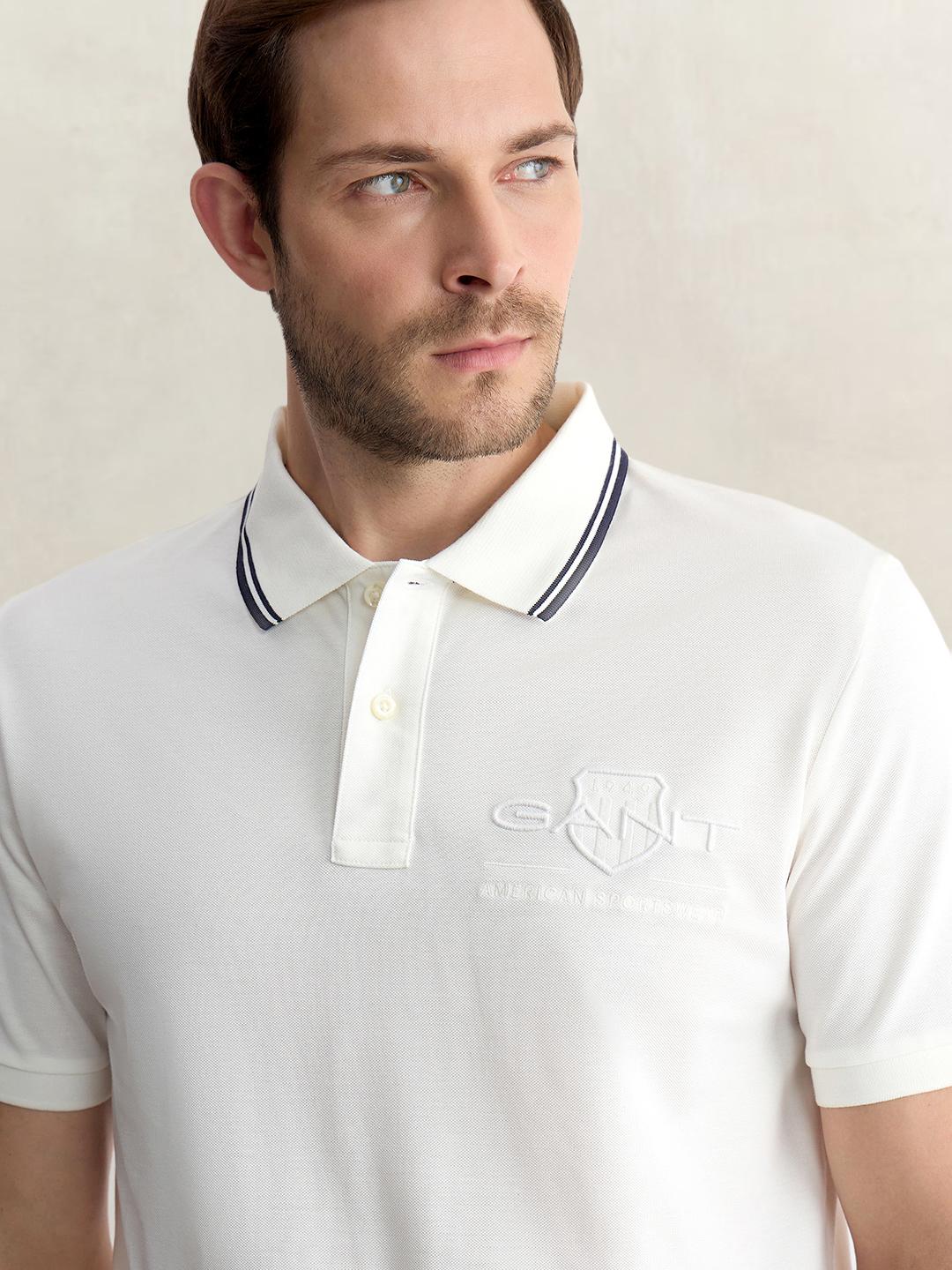 Gant Men White Regular Fit Solid Pure Cotton Polo Tshirt