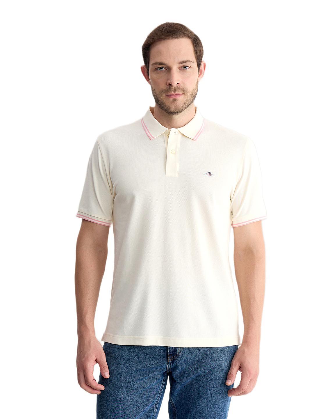 Gant Men Off White Regular Fit Solid Pure Cotton Polo Tshirt