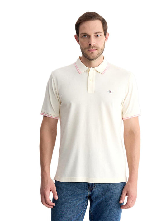 Gant Men Off White Regular Fit Solid Pure Cotton Polo Tshirt
