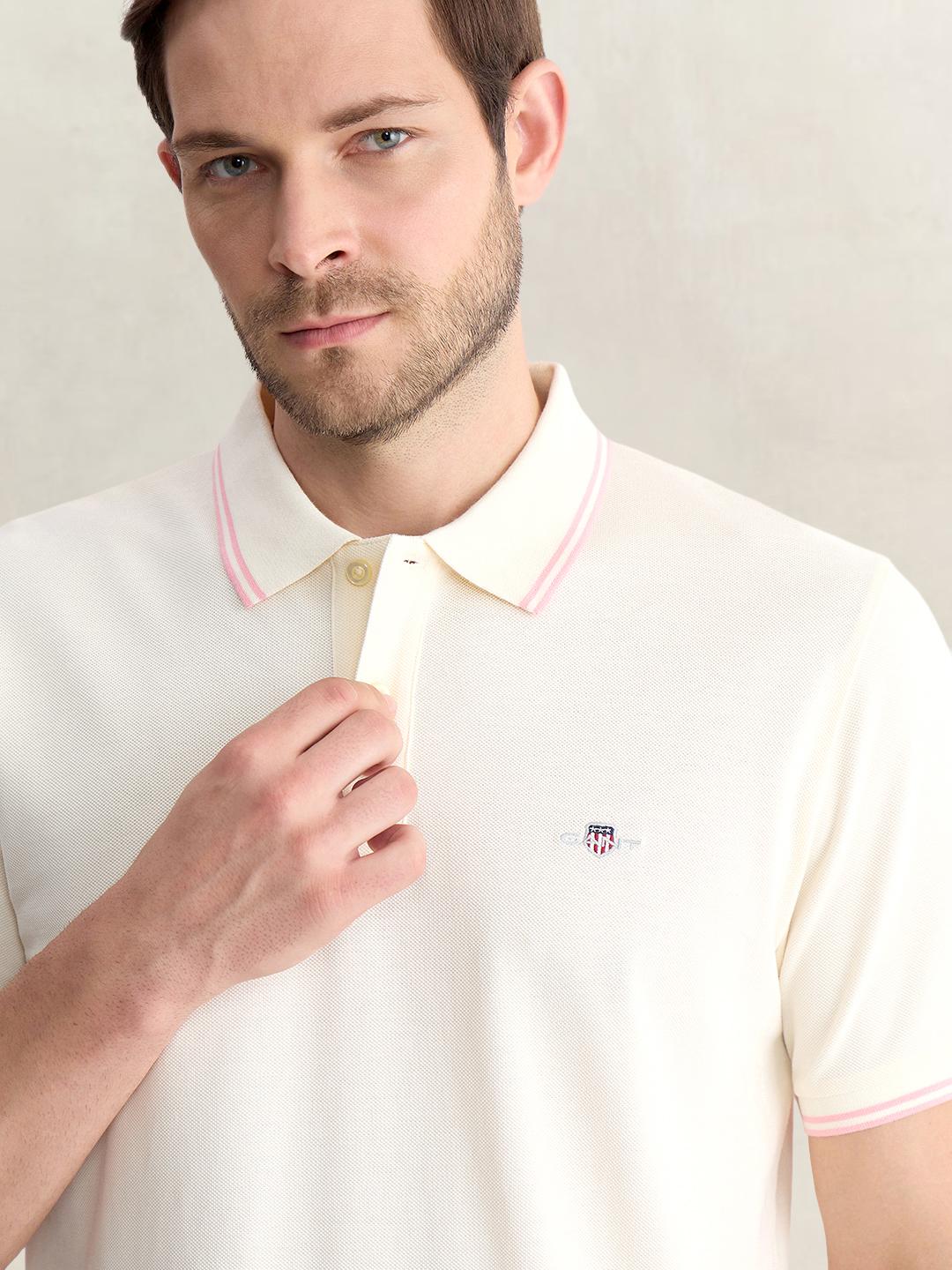 Gant Men Off White Regular Fit Solid Pure Cotton Polo Tshirt