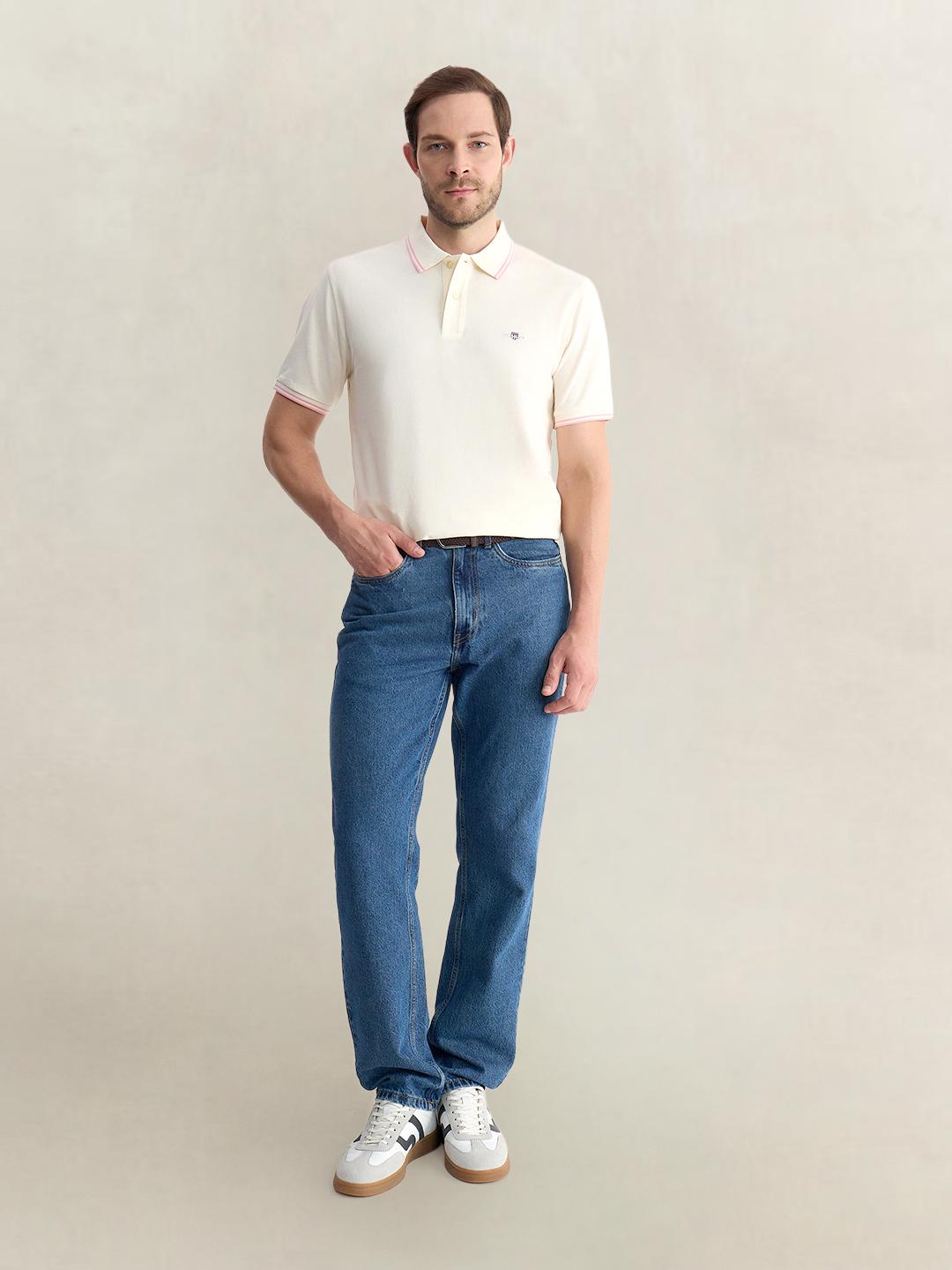 Gant Men Off White Regular Fit Solid Pure Cotton Polo Tshirt