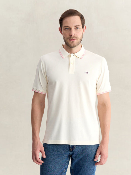 Gant Men Off White Regular Fit Solid Pure Cotton Polo Tshirt