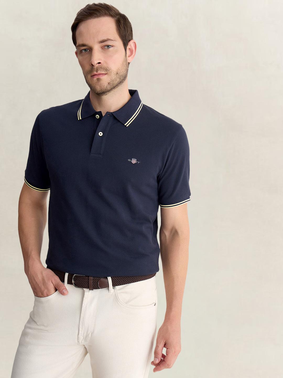 Gant Men Blue Regular Fit Solid Pure Cotton Polo Tshirt