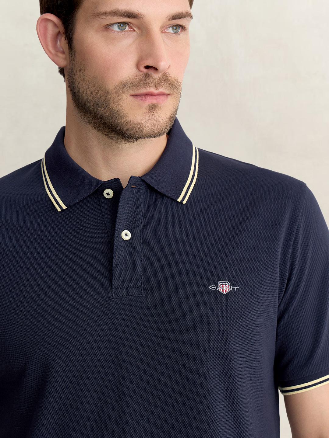 Gant Men Blue Regular Fit Solid Pure Cotton Polo Tshirt