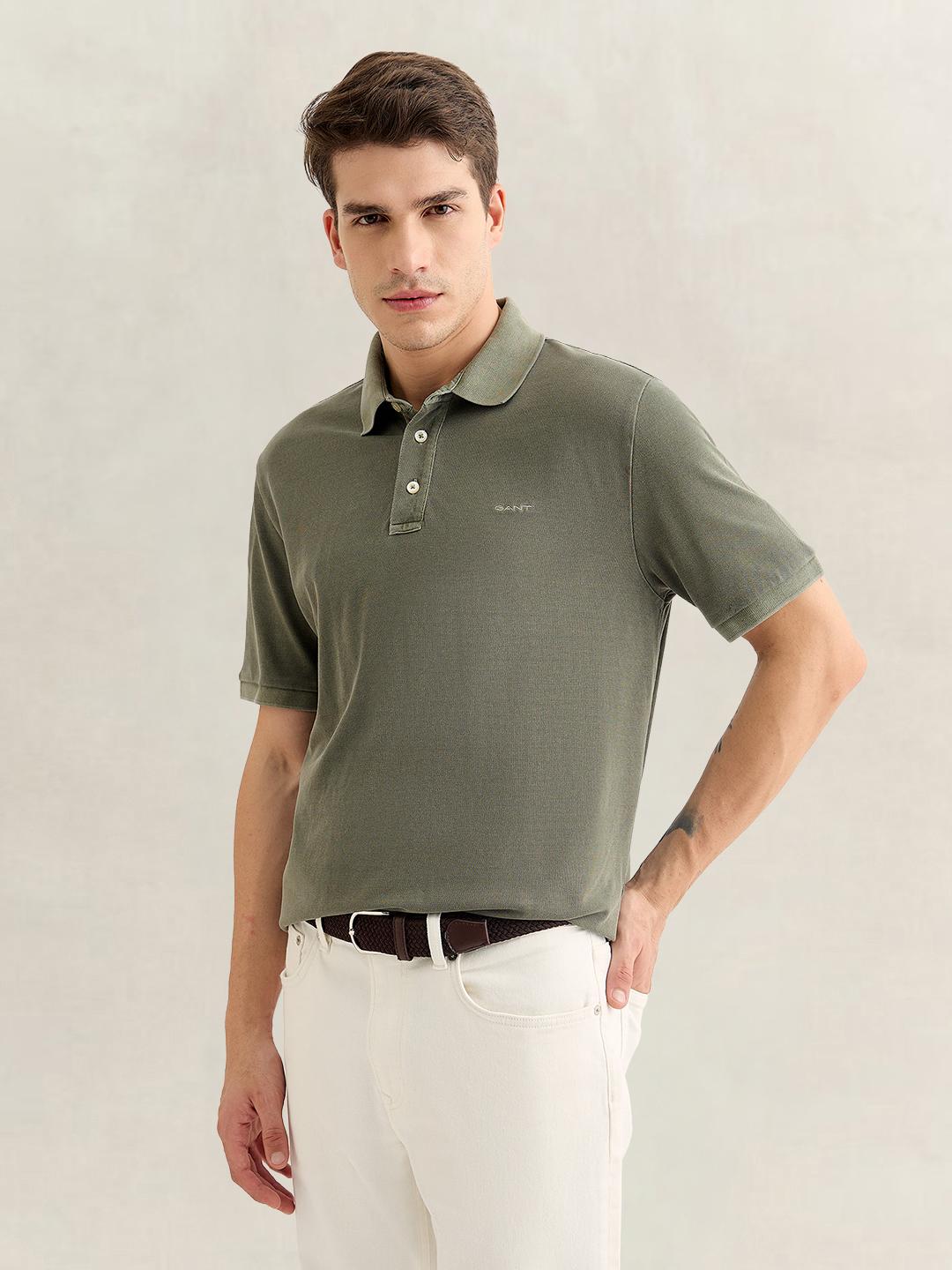 Gant Men Green Regular Fit Solid Cotton Polo T-Shirt