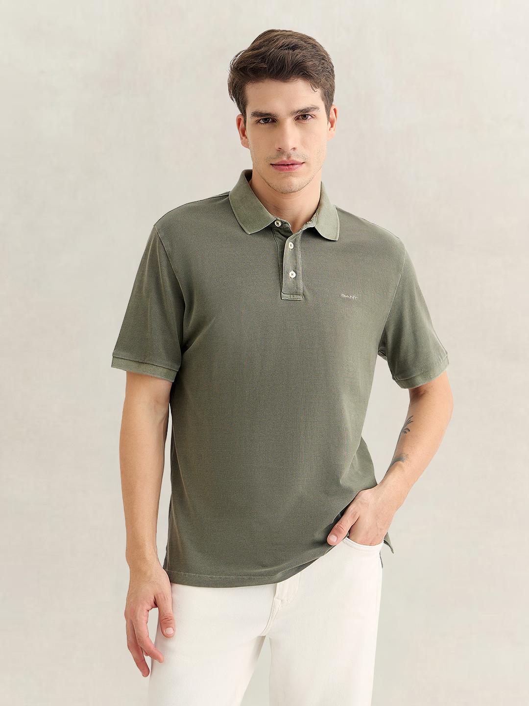 Gant Men Green Regular Fit Solid Cotton Polo T-Shirt