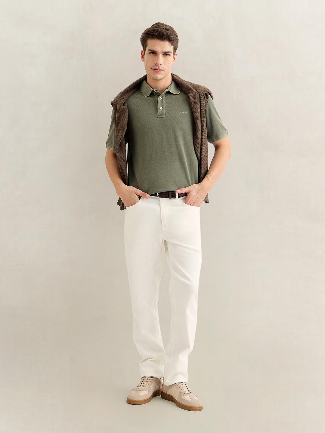 Gant Men Green Regular Fit Solid Cotton Polo T-Shirt