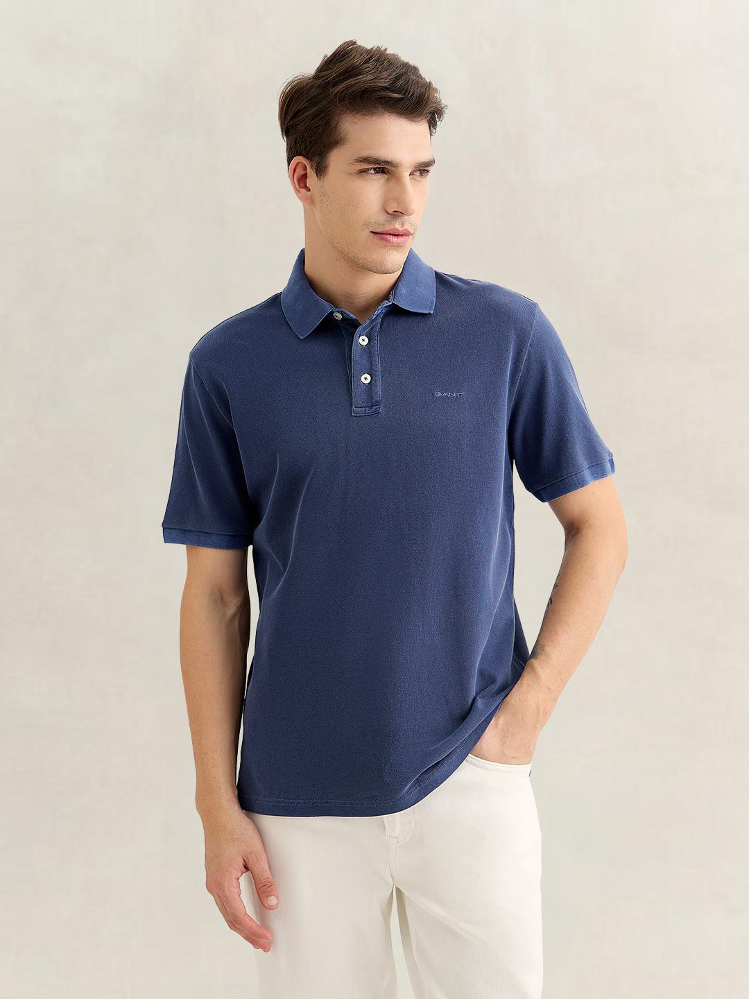 Gant Men Blue Regular Fit Solid Cotton Polo T-Shirt