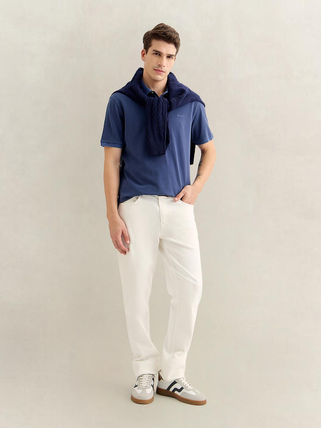 Gant Men Blue Regular Fit Solid Cotton Polo T-Shirt