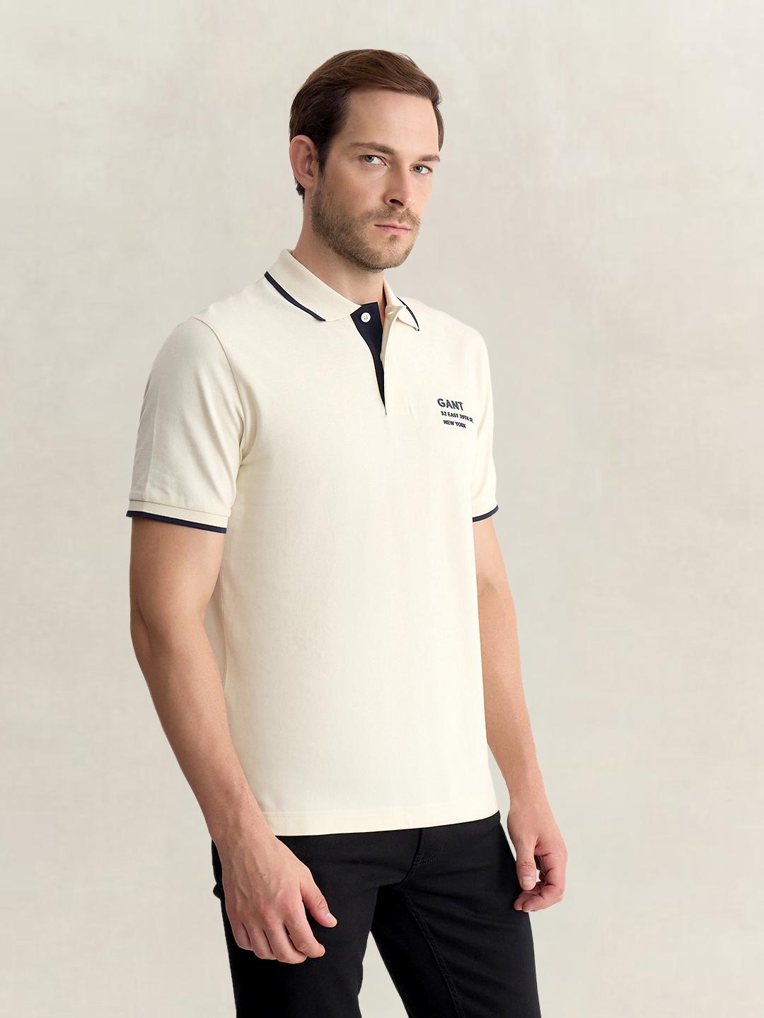 Gant Men Cream Regular Fit Solid Pure Cotton Polo Tshirt