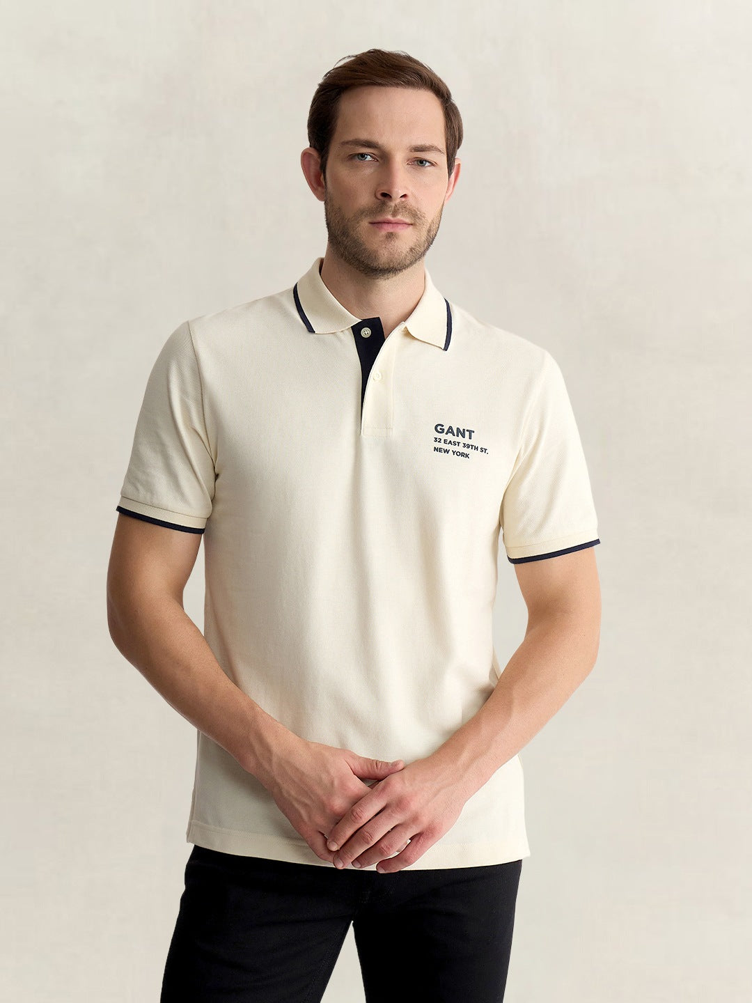 Gant Men Cream Regular Fit Solid Pure Cotton Polo Tshirt
