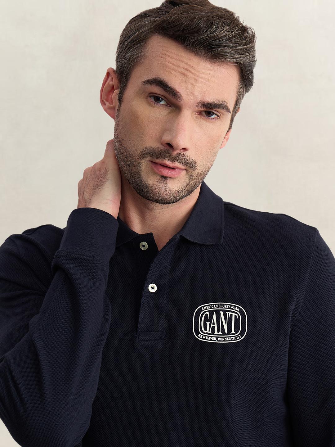 Gant Men Blue Regular Fit Solid Pure Cotton Polo Tshirt