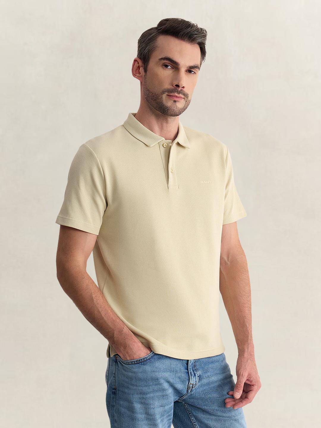 Gant Men Beige Regular Fit Solid Cotton Blend Polo Tshirt