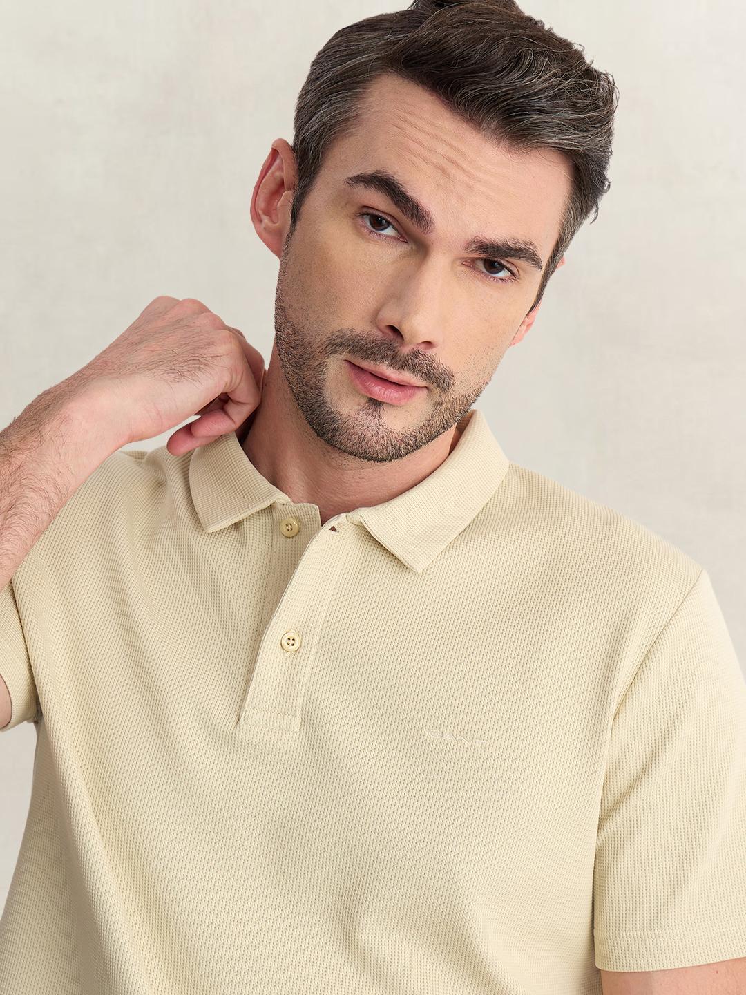 Gant Men Beige Regular Fit Solid Cotton Blend Polo Tshirt